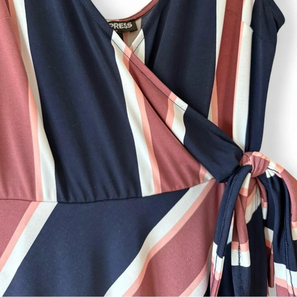 Express Striped Faux Wrap Asymmetrical Dress Navy Pink White Size Small Petite - Picture 6 of 11